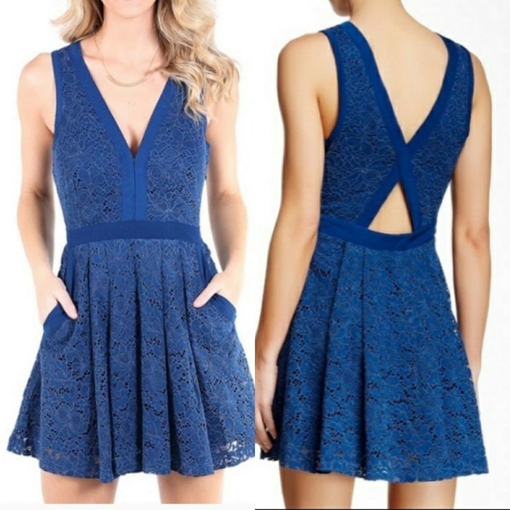 FREE PEOPLE Blue Lace Lovely Fit and Flare Dress Size Extra Small